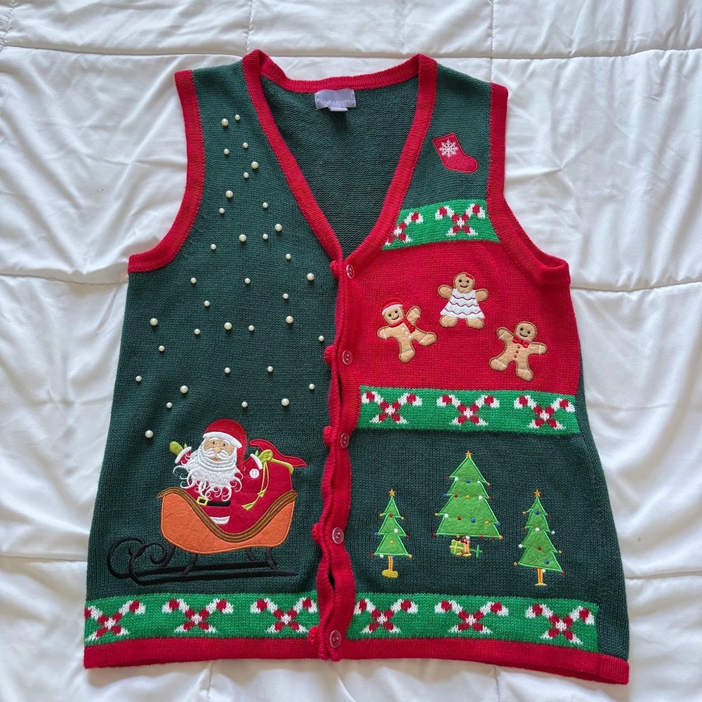 Vintage Laura Scott Christmas Sweater Vest Large Green Red Santa Gingerbread